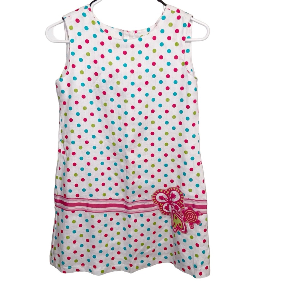 Greggy Girl Dress Girls Size 10 Linen Polka Dots Floral Appliqué & Ribbon Cute